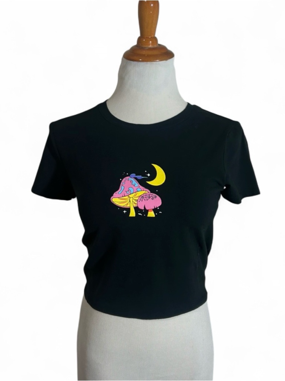 Black Crop Top with Neon Mushroom Graphic